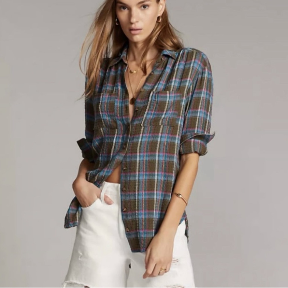 Antrhopologie Pilcro plaid shirt flannel preppy outdoorsy layering campfire